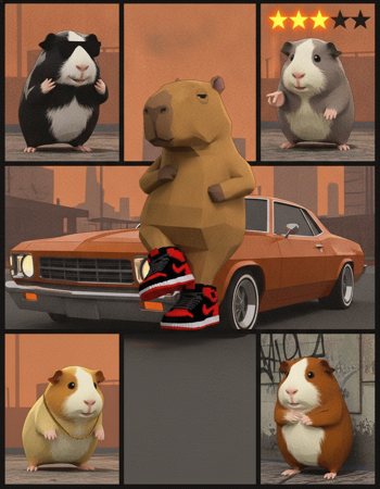 Capito leaning on a lowrider, crime game box art with the cuy gang