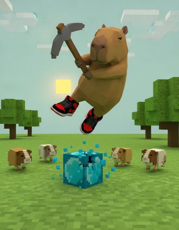 Capito mid-air swinging a pickaxe at a diamond block in a cube world