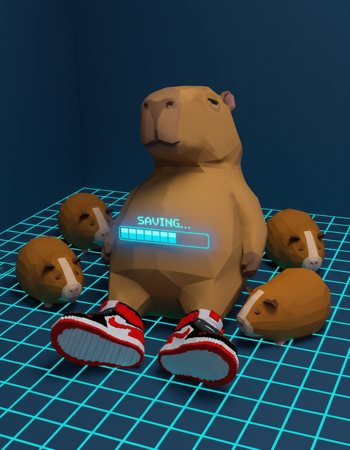 Capito asleep on a wireframe grid, SAVING bar over his belly